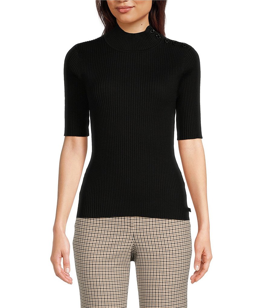 KARL LAGERFELD PARIS Solid Mock Neck Elbow Length Sleeve Fitted Sweater ...