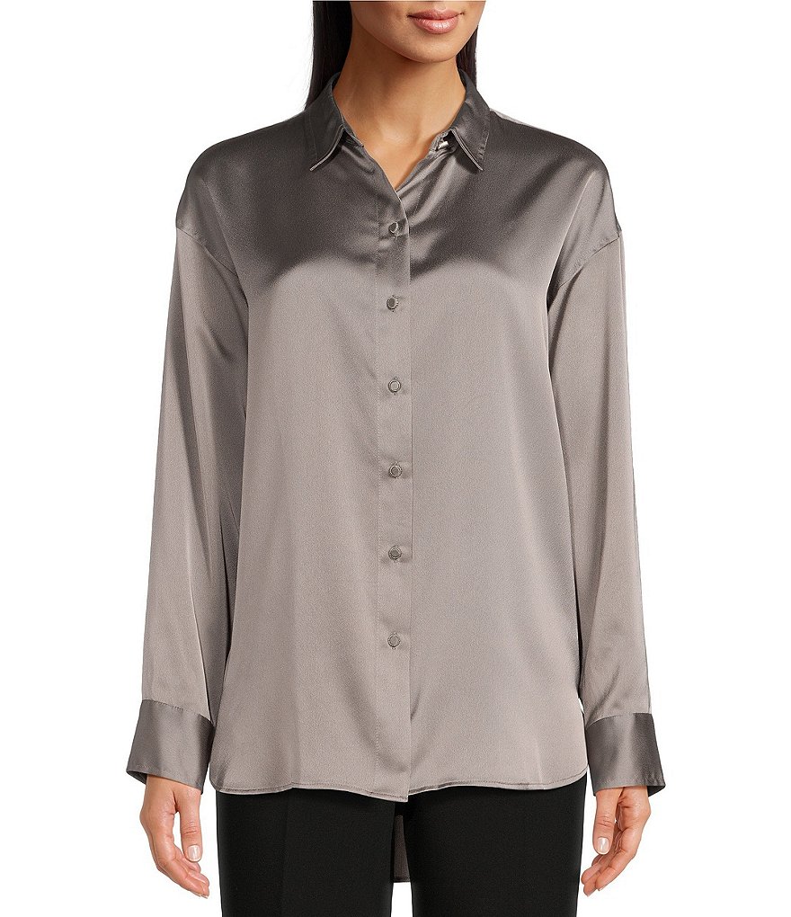 KARL LAGERFELD PARIS Solid Woven Satin Point Collar Long Sleeve