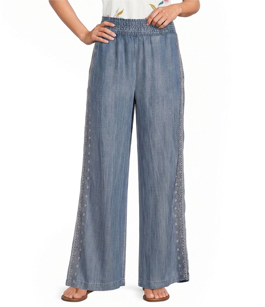 Karyn Seo Anisa Chambray Embroidered Side Seam Smocked Waist Wide