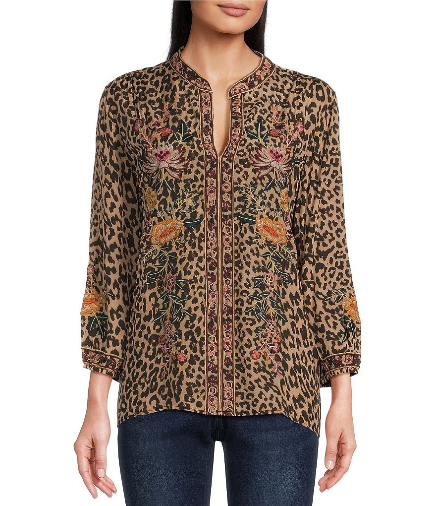 Karyn Seo Lula Woven Embroidered Cheetah Floral V-Neck Long