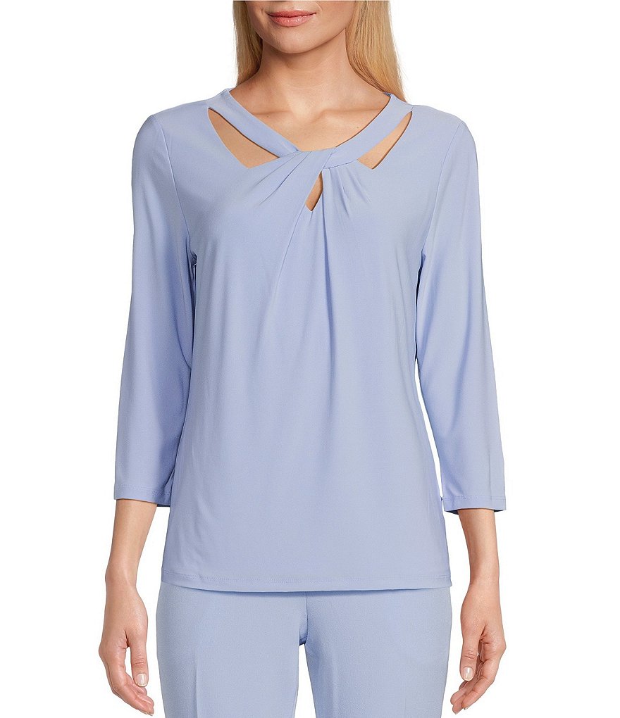 Kasper Split V-Neck Long Lace Sleeve Shirttail Hem Top