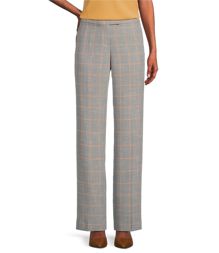 Kasper Plaid Print Fly Front Slim Fit Coordinating Wide Leg Trouser Pants