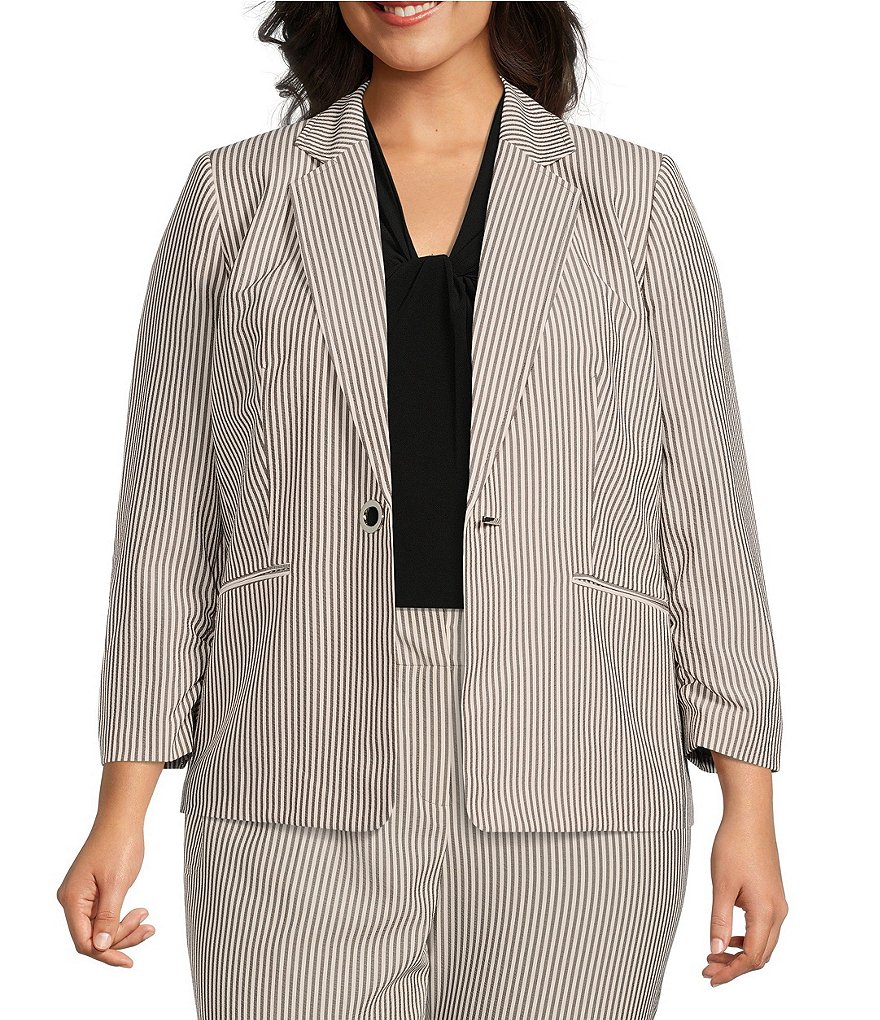 Kasper Plus Size Seersucker Printed Notch Lapel Long Ruched Sleeve One 