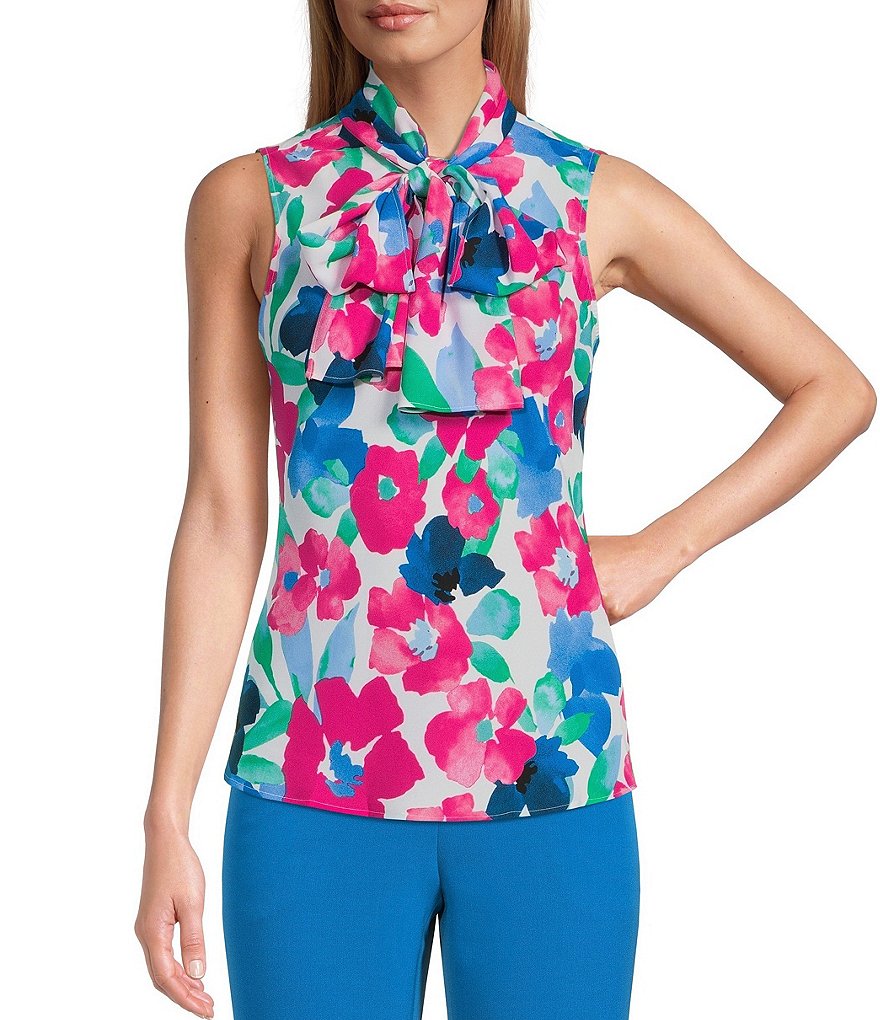 Kasper Tie Neck Sleeveless Floral Print Fitted Top | Dillard's