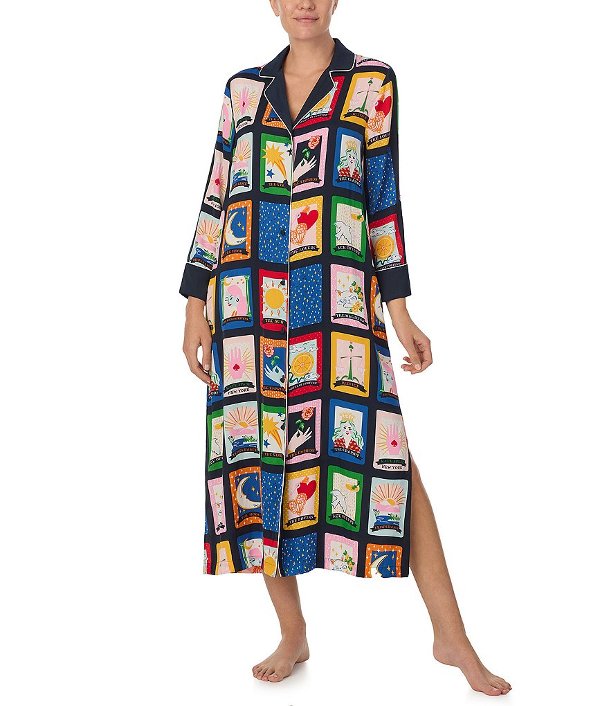 kate spade new york Satin Printed Long Sleeve Notch Collar Button-Front  Nightshirt | Dillard's