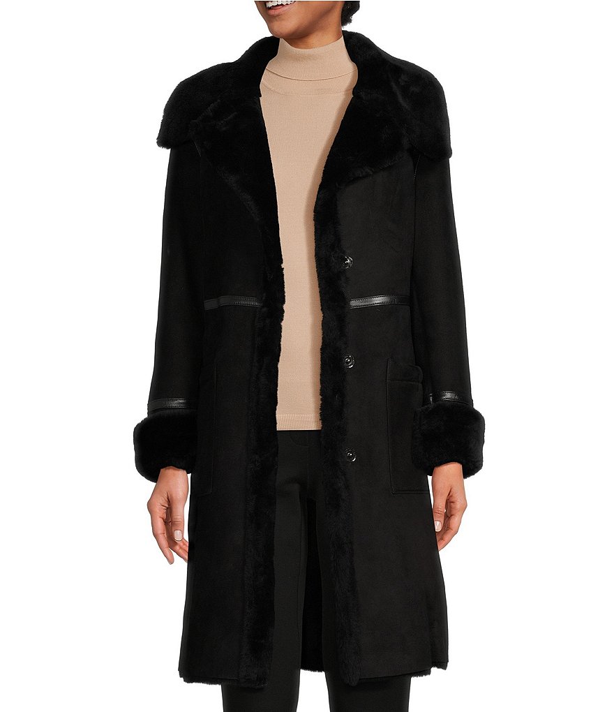 Katherine Kelly Genuine Sheepskin Shearling Notch Lapel Collar Hidden Snap  Patch Pocket Coat