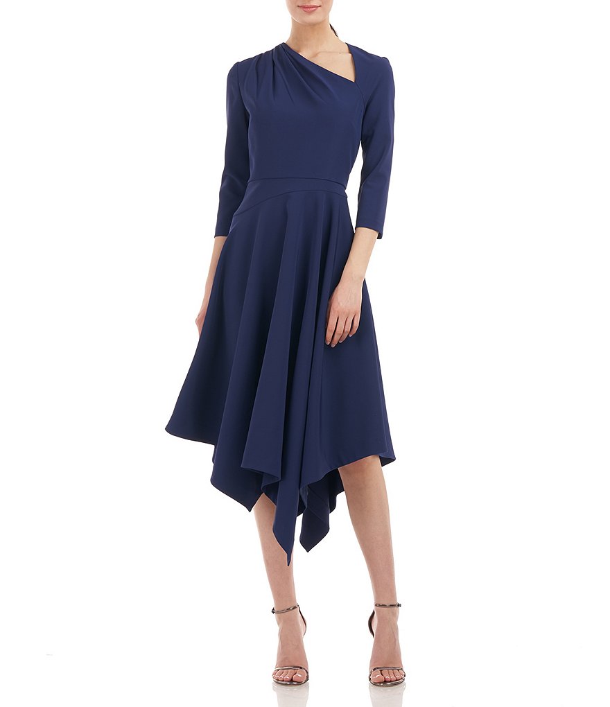 Kay Unger Asymmetrical Neck 3/4 Sleeve Handkerchief Hem Dress | Dillard's