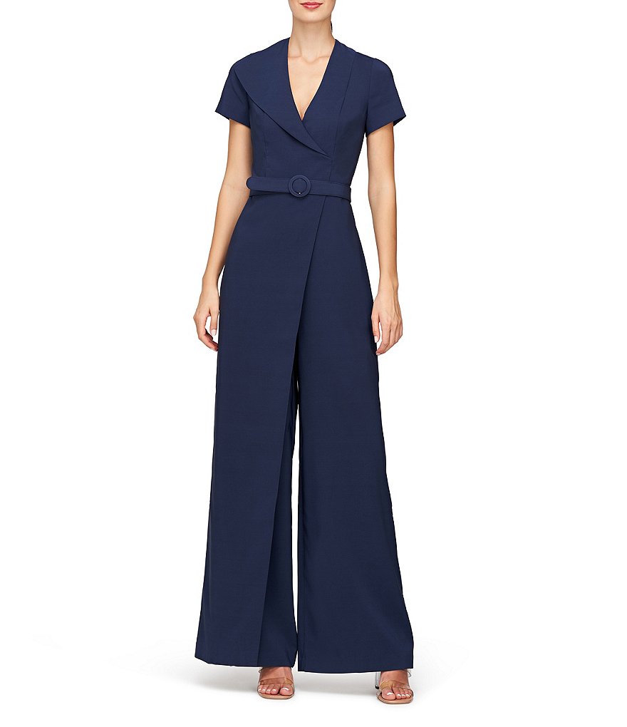 Kay Unger Ezra Stretch Crepe V-Neck Lapel Short Sleeve Belted Wide Leg ...