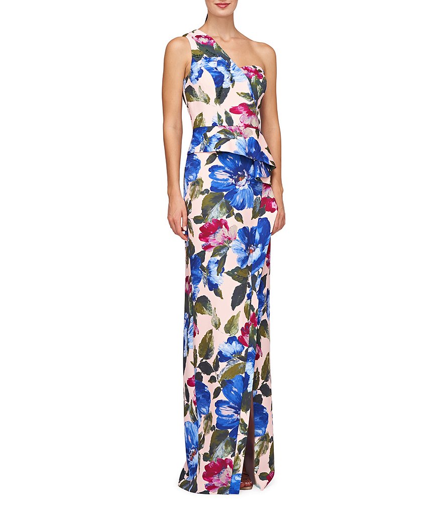 Kay Unger Floral Crepe One Shoulder Sleeveless Gown | Dillard's