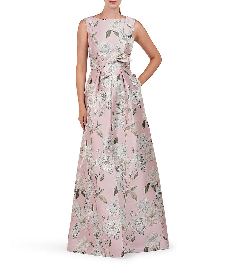 Kay Unger Floral Metallic Jacquard Boat Neckline Sleeveless Bow Front ...