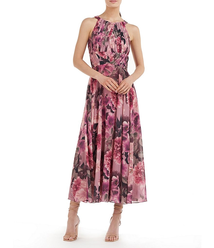 Kay Unger Floral Print Chiffon Halter Neck Pleated Midi Dress | Dillard's
