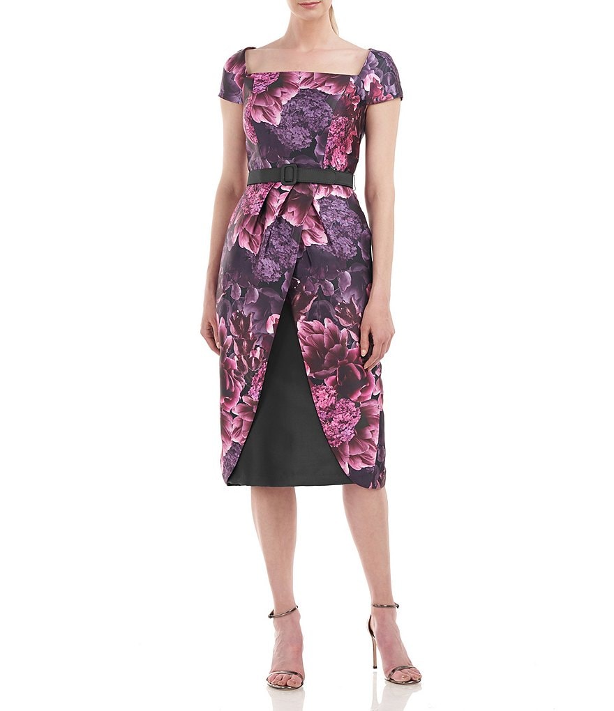Kay Unger Floral Print Square Neck Cap Sleeve Tulip Sheath Dress ...