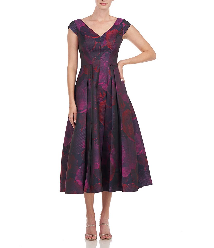 Kay Unger Floral V-Neck Cap Sleeve Pleated Dress | Dillard's