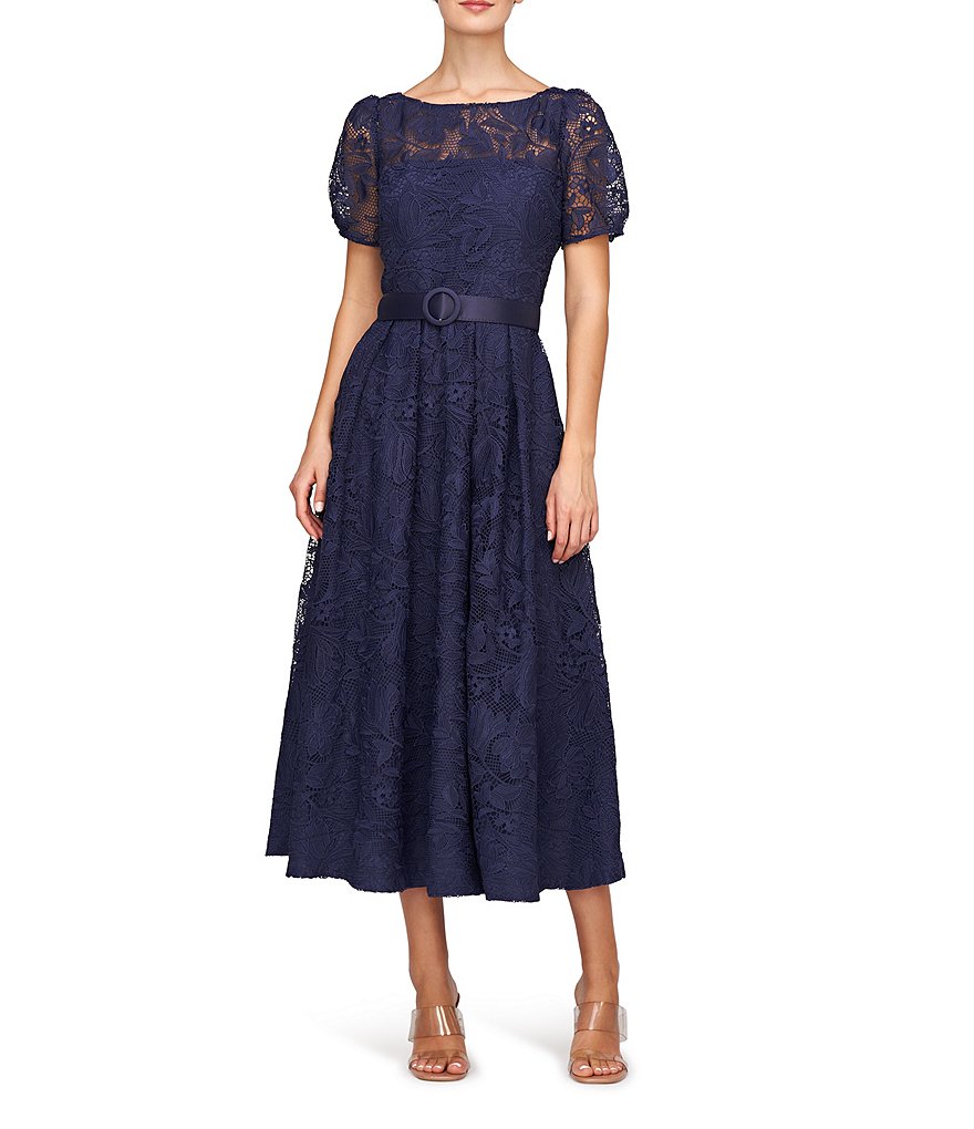 Kay Unger Iris Lace Boat Neck Short Sleeve V-Back Belted Midi Dress ...