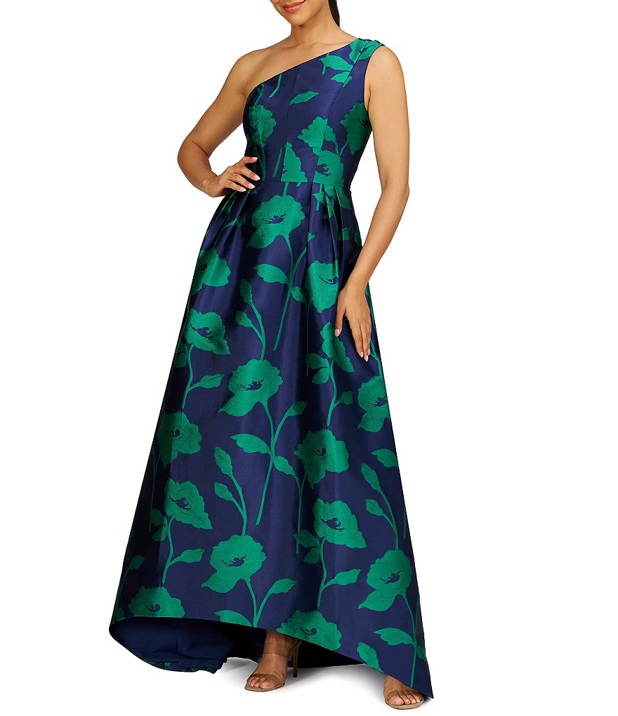 Kay Unger Jacquard Floral Print One-Shoulder Neck Sleeveless