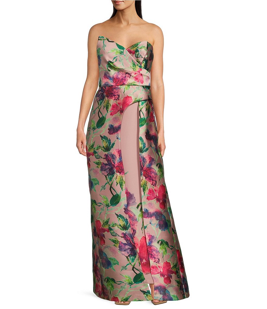 Kay Unger Marilyn Mikado Floral Print Strapless Neck Kay Unger Marilyn Mikado Floral Print Strapless Neck