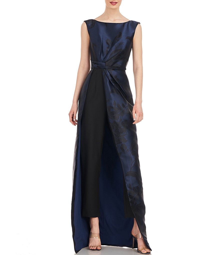 Kay Unger Metallic Floral Jacquard Boat Neckline Sleeveless Walk ...