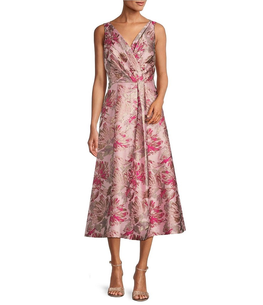Kay Unger Metallic Floral Print Sleeveless Fit and Flare Tea Length ...
