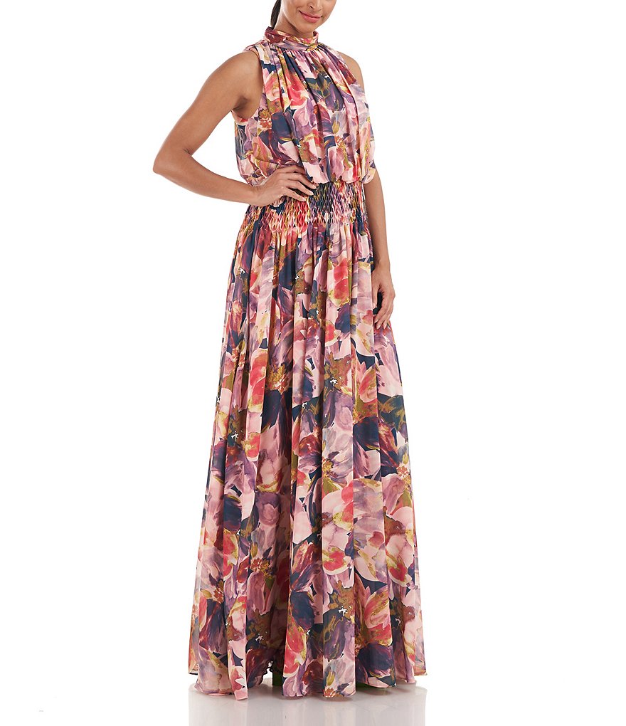 Kay Unger Sleeveless Floral Print Mock Neck Smocked Waist Pleated Gown ...