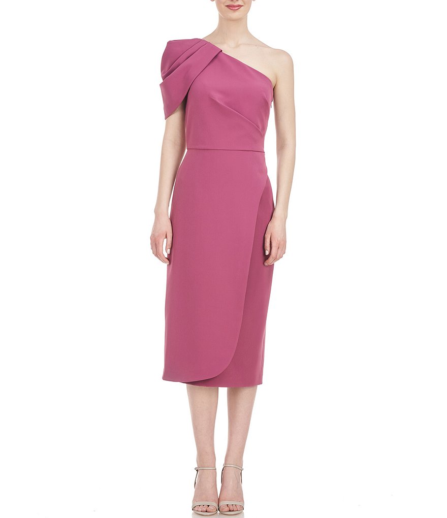 Kay Unger Stretch Crepe One Shoulder Draped Sleeve Midi Sheath Dress ...