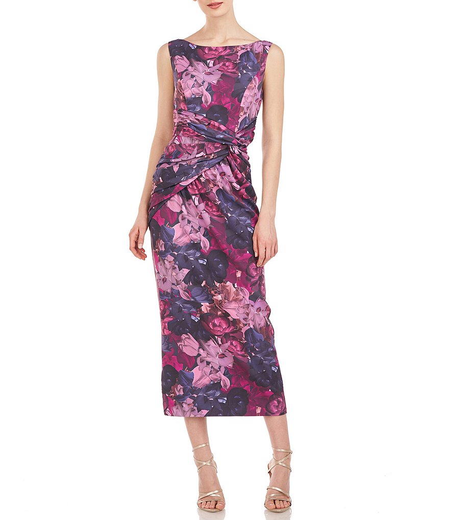 Kay Unger Stretch Floral Print Boat Neck Sleeveless Twisted Waist ...