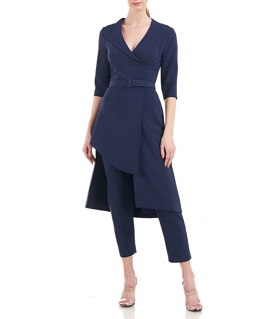 Kay Unger V-Neck 3/4 Sleeve Belted Asymmetrical Walk Thru Jumpsuit ...