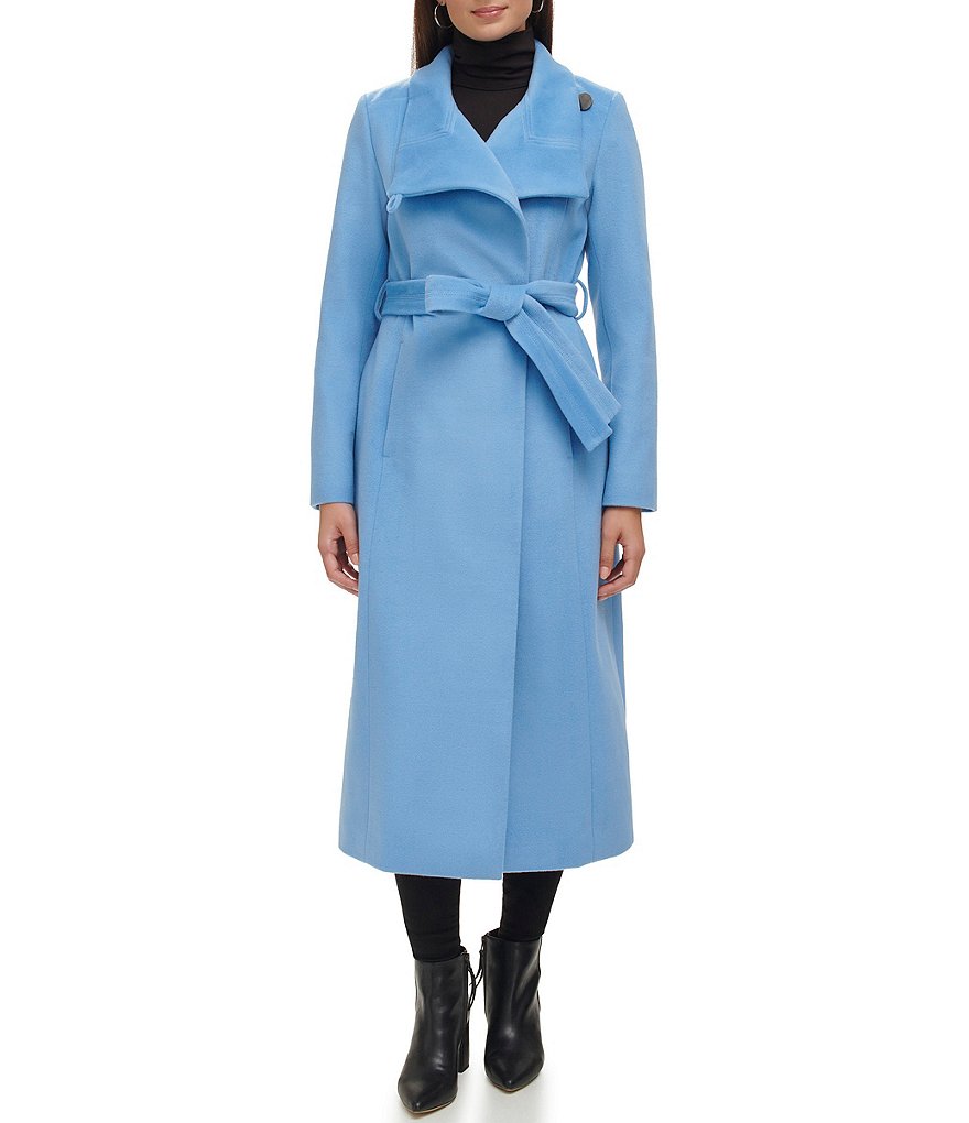 Kenneth Cole New York Stand Collar Belted Wrap Wool Blend Maxi Coat