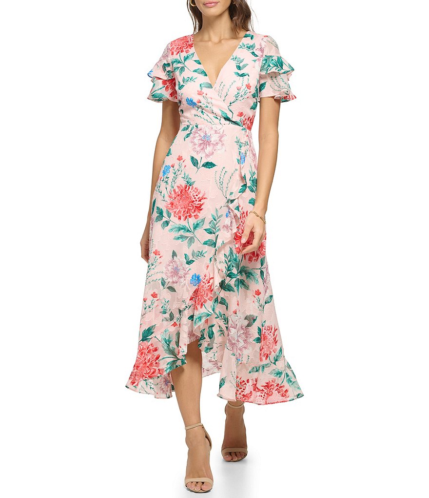 Kensie Floral Print V-Neck Tiered Double Flounce Short Sleeve Faux Wrap ...