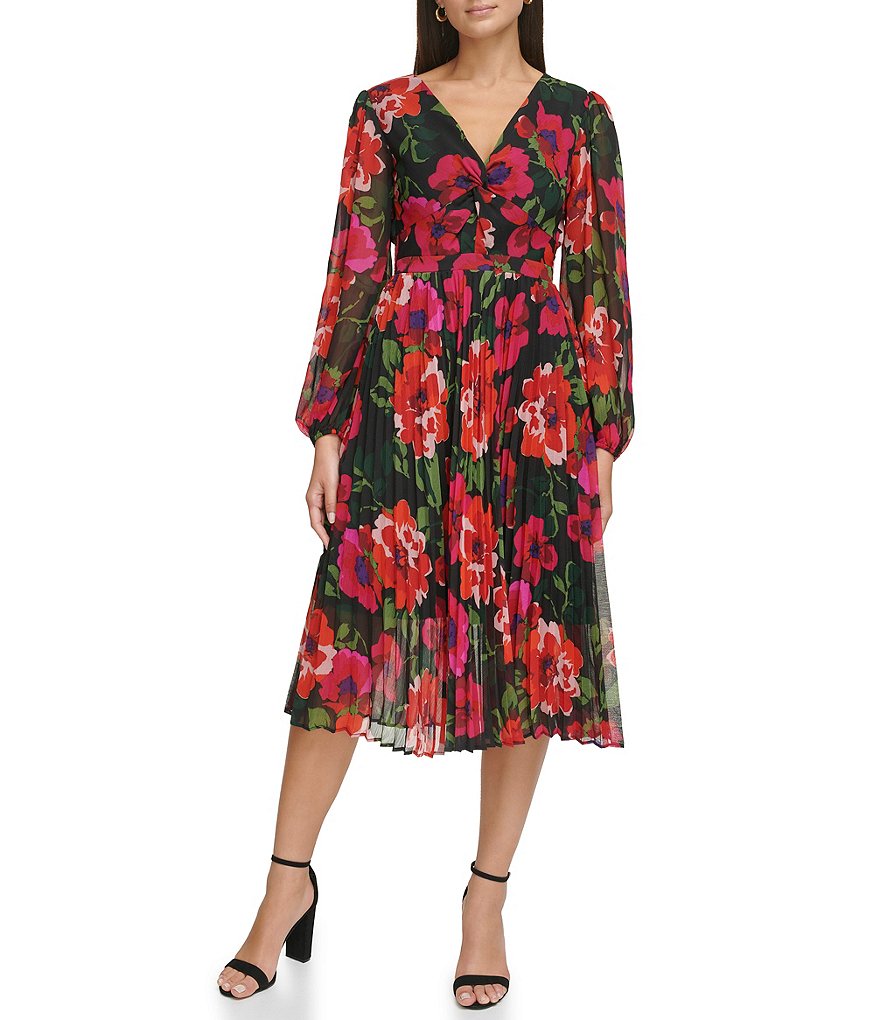 Kensie Floral V Neckline Bodice Twist Long Sleeve Pleated Dress | Dillard's