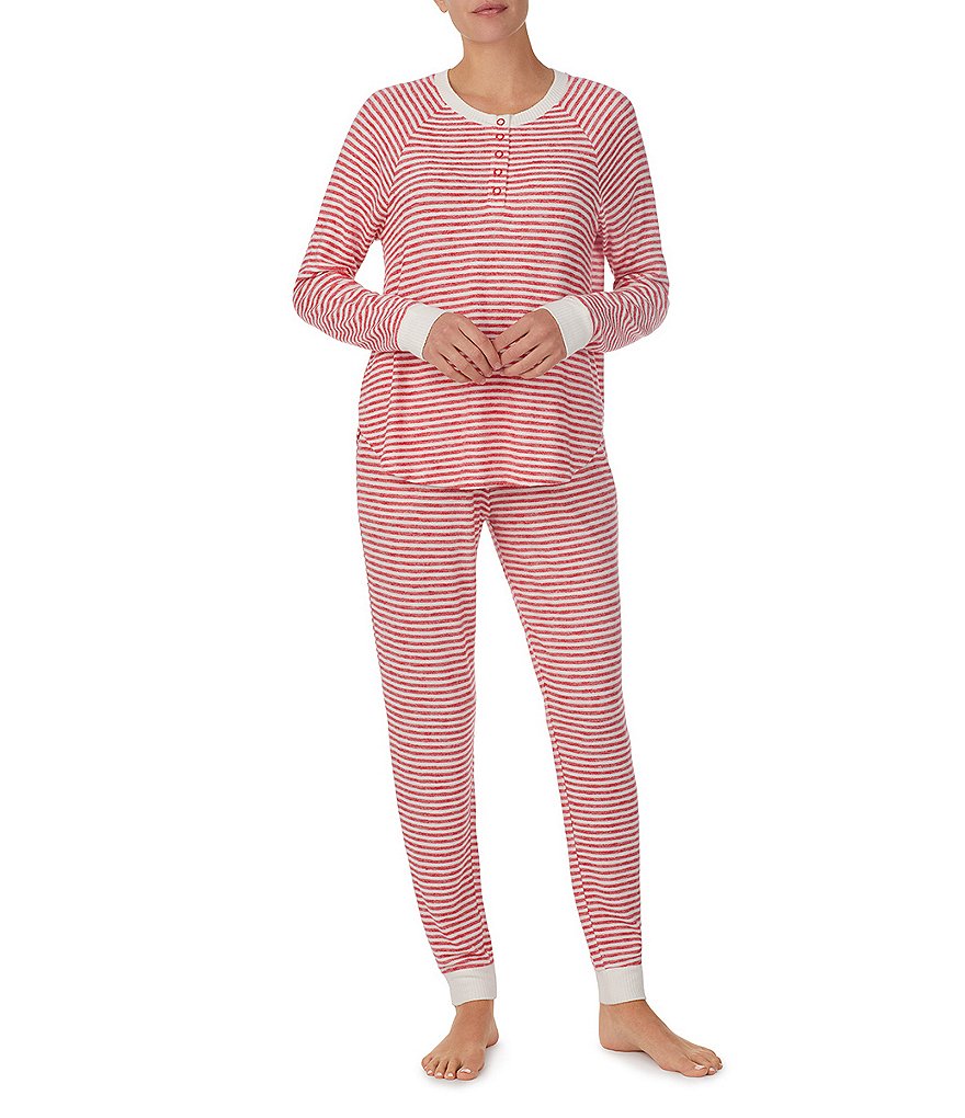 Kensie Marshmallow Jersey Striped Long Sleeve Henley & Jogger Pajama Set