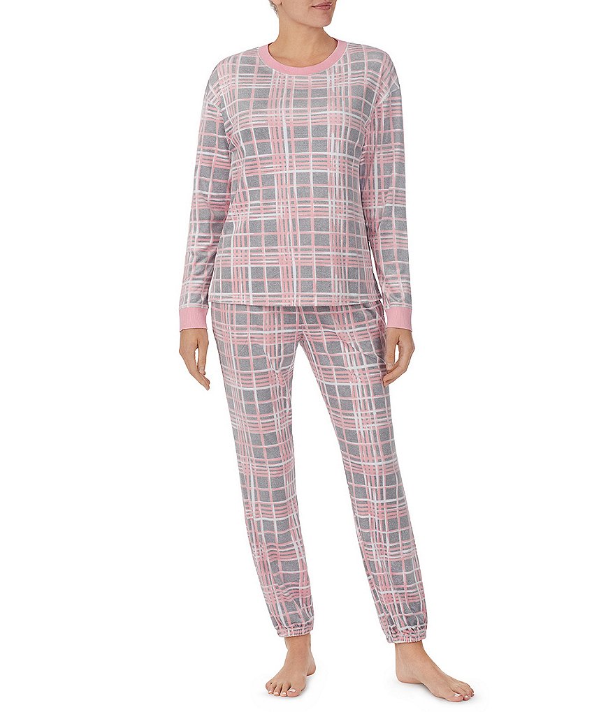 Kensie Pink Plaid Long Sleeve Pullover & Stretch Velour Joggers Pajama Set