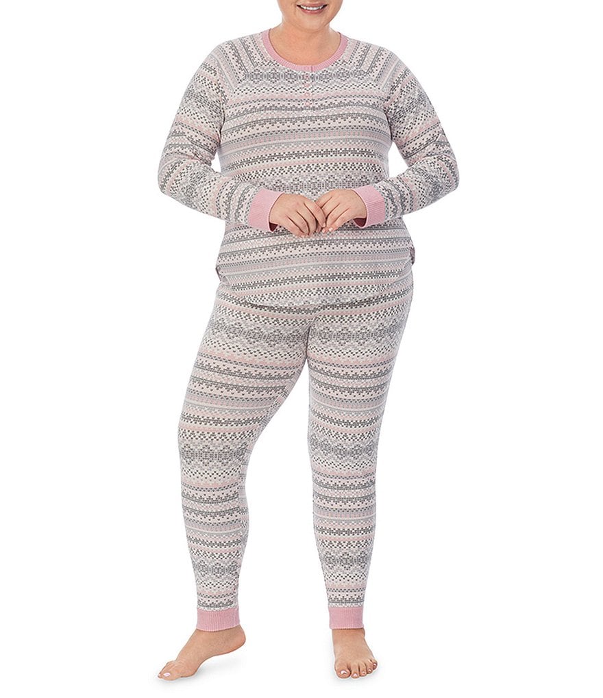 Kensie Plus Size Fair Isle Print Marshmallow Jersey Long Sleeve Henley  Pullover & Jogger Pajama Set