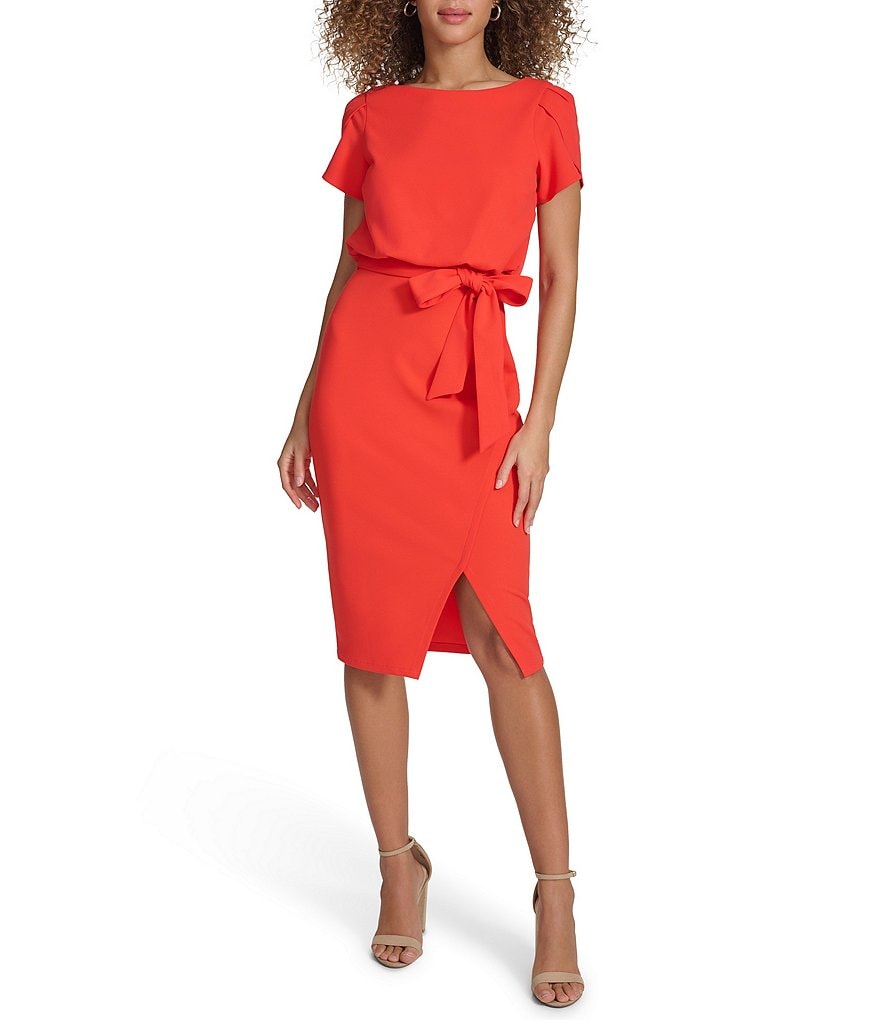 Kensie Scuba Crepe Boat Neck Short Sleeve Tie Waist Wrap Blouson Midi ...