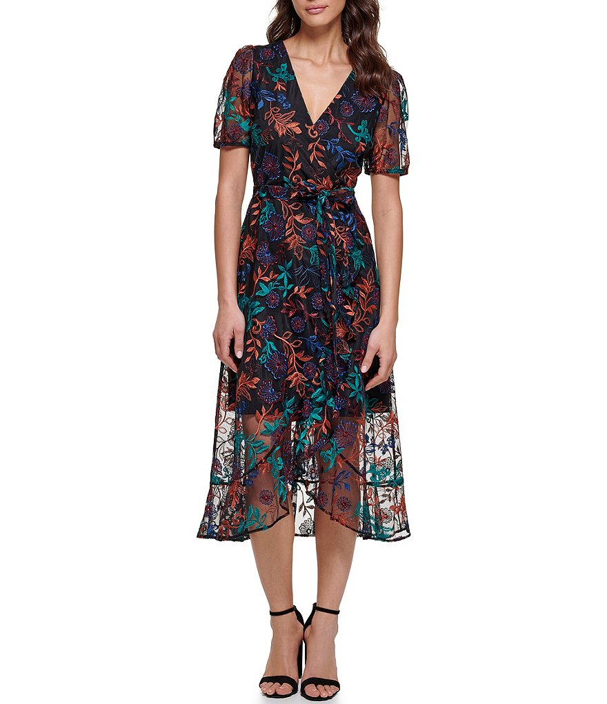 Kensie Short Puffed Sleeve Faux Wrap Embroidered Midi Dress | Dillard's