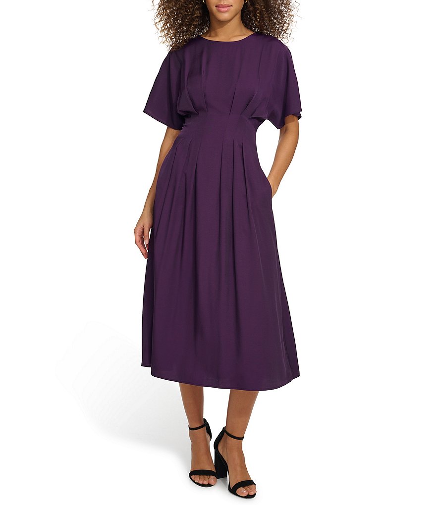 Kensie Short Sleeve Smocked Waist A-Line Midi Dress | Dillard's