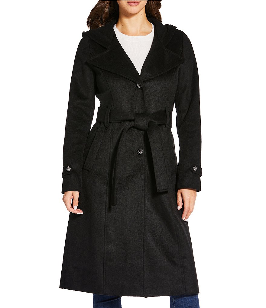 Kensie Smooth Plush Wool Oversized Notch Collar Belted Button