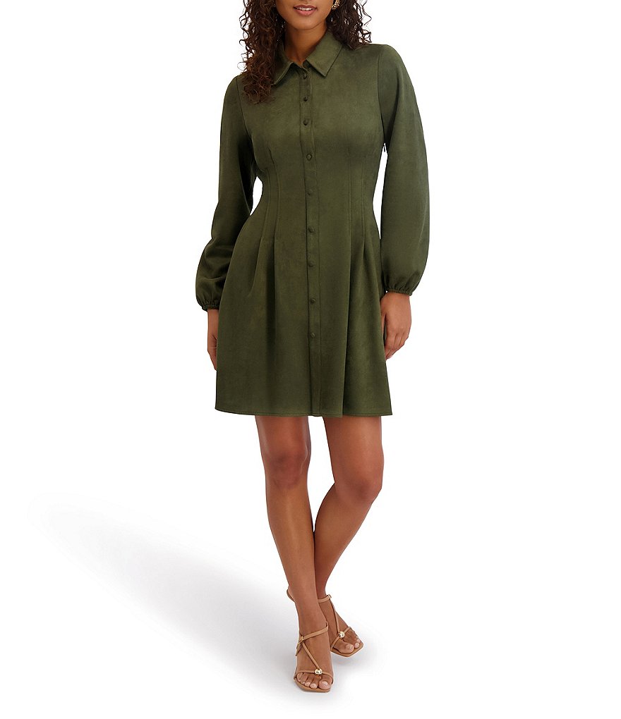 Kensie Faux Suede Collar Neck Long Sleeve Button Front Pleated