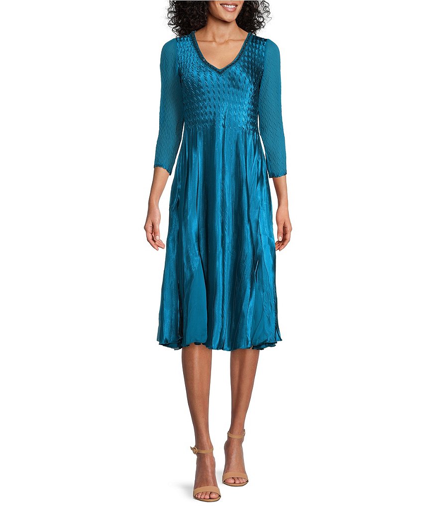 Komarov Beaded V-Neck 3/4 Sleeve Pleated Dress | Dillard's