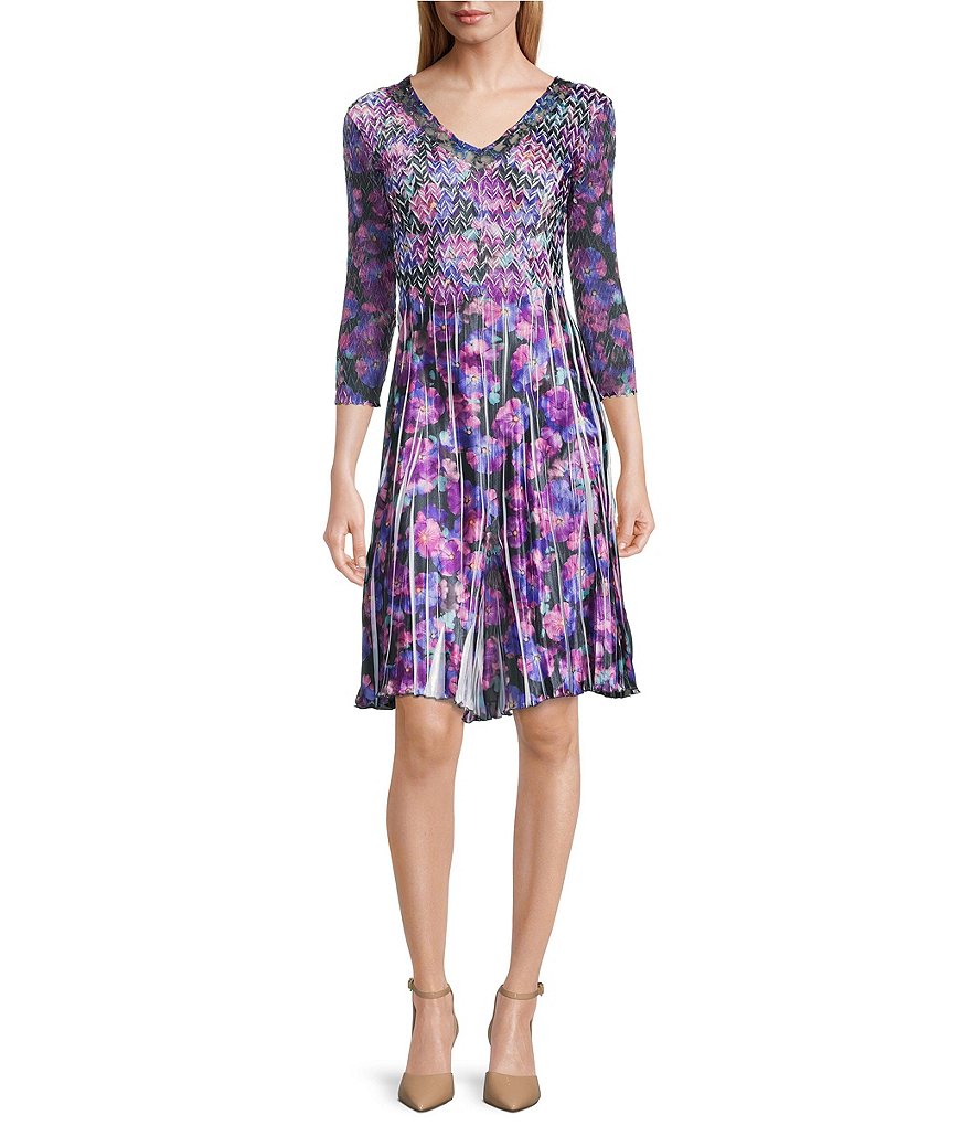 Komarov Floral Print Pleated V Neck 34 Sleeve Dress Dillards 6036