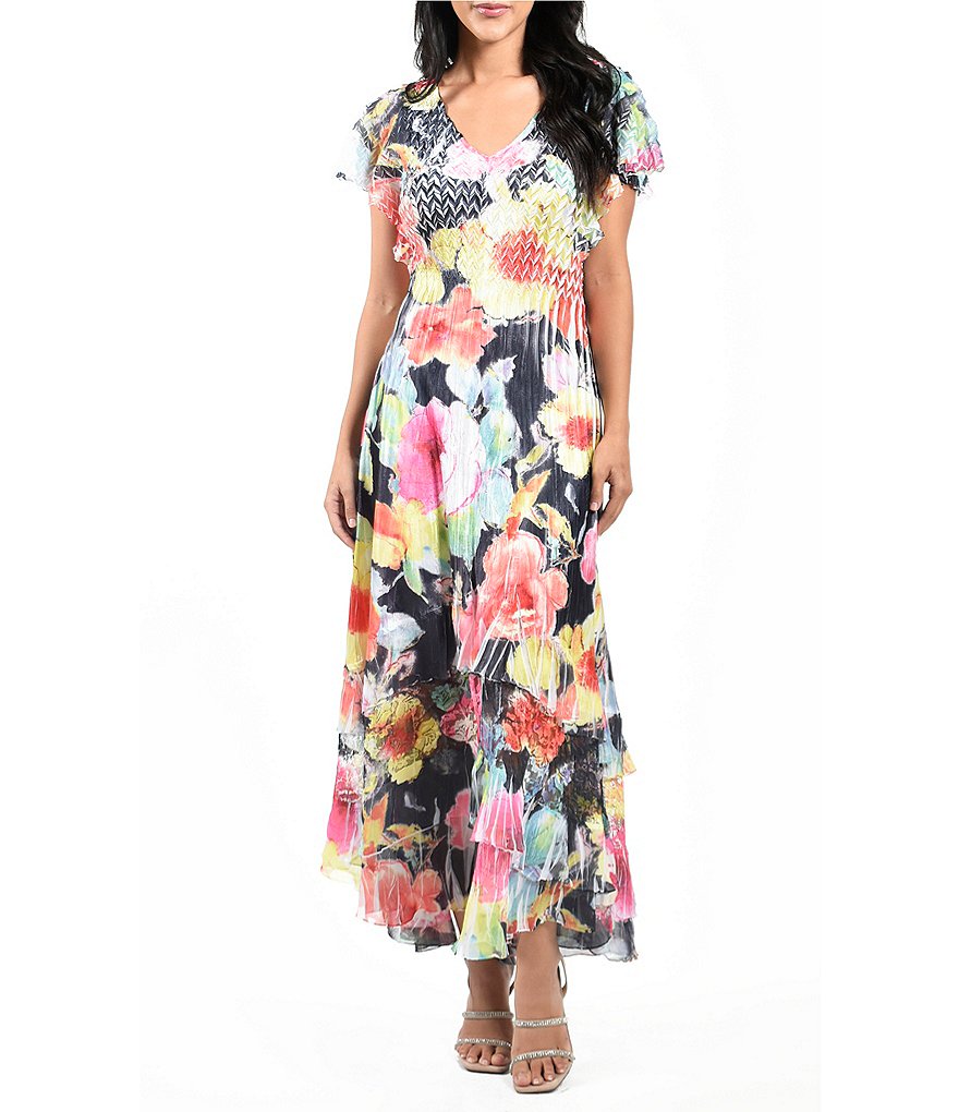 Komarov Floral V Neck Short Flutter Sleeve Maxi Dress Dillards