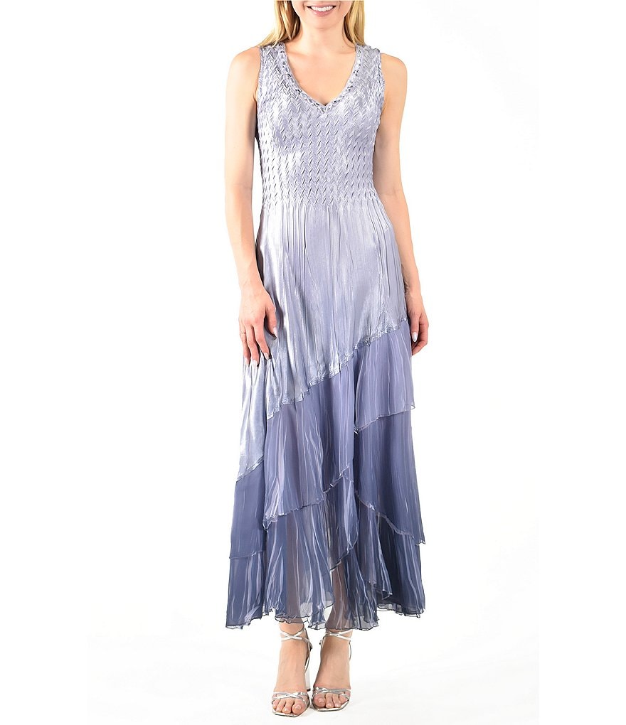 Komarov Ruffled Tiered Embellished Colorblock V Neck Sleeveless A Line Maxi Dress Dillard s