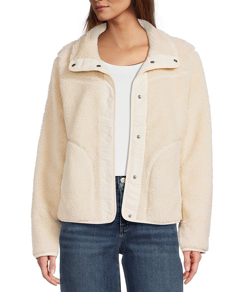 L.L.Bean Sherpa Fleece Stand Collar Long Sleeve Snap-Front Cozy