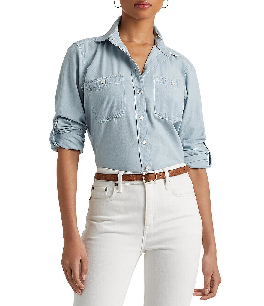 Lauren Ralph Lauren Chambray Cotton Point Collar Long Roll-Tab Sleeve Patch  Pocket Button Down Shirt