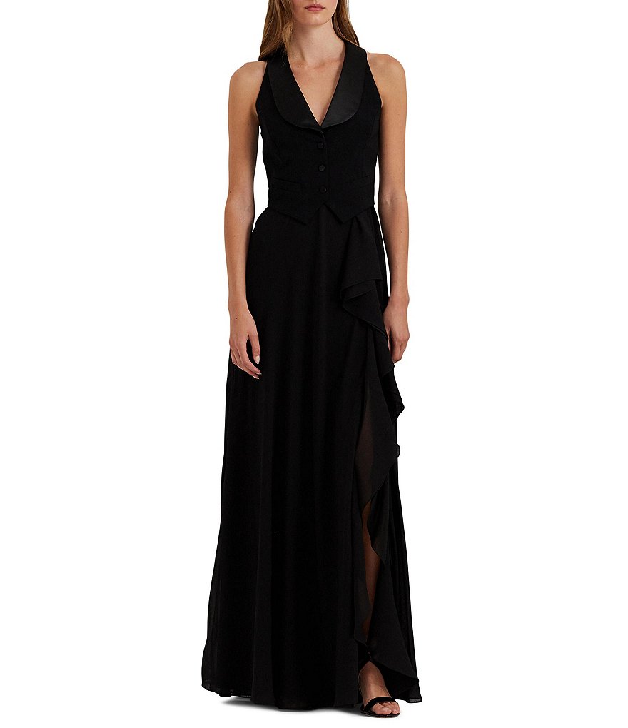 Lauren Ralph Lauren Crepe and Georgette Sleeveless Satin Shawl Collar  Tuxedo Gown