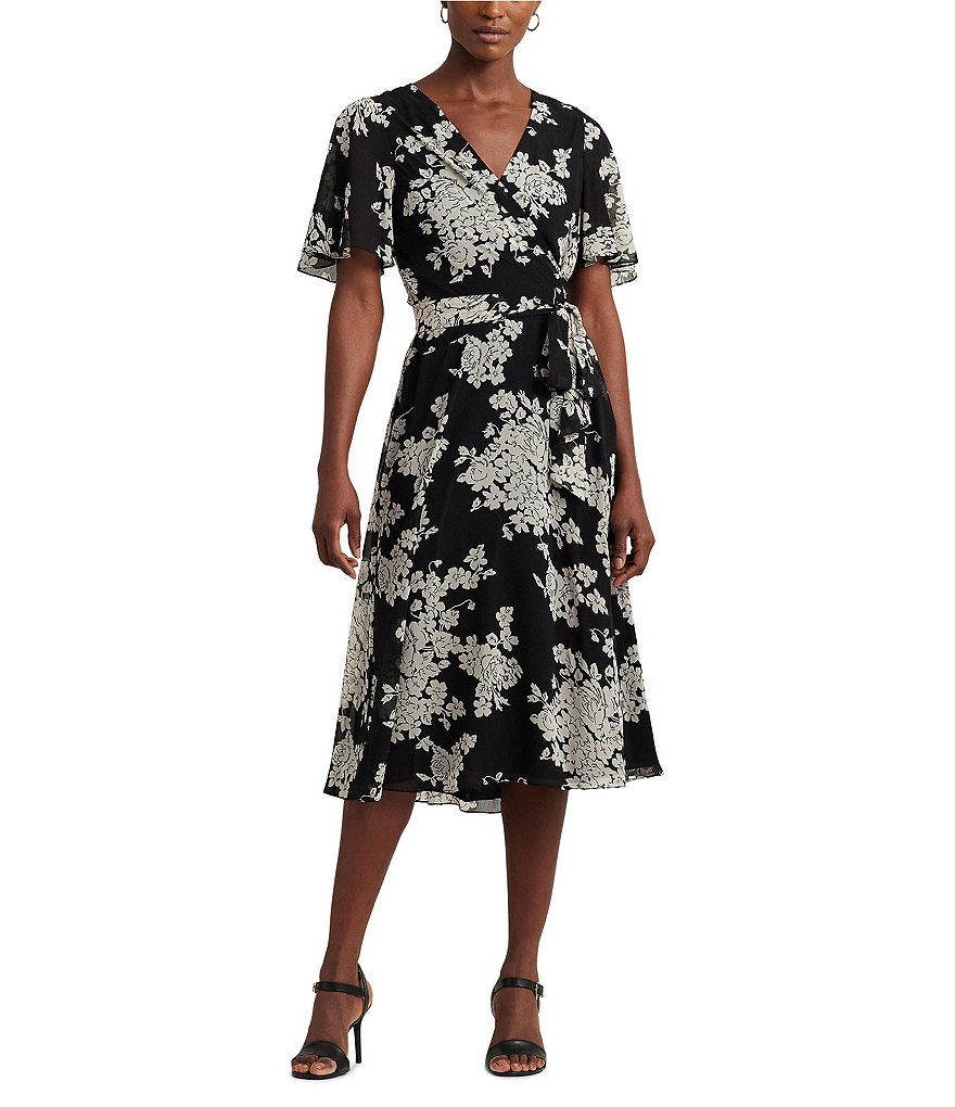 Lauren Ralph Lauren Crinkle Georgette Floral Print Surplice V-Neck Short  Sleeve Midi Dress | Dillard's