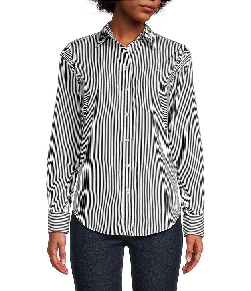 Lauren Ralph Lauren Easy Care Striped Print Point Collar Shirttail Hem ...