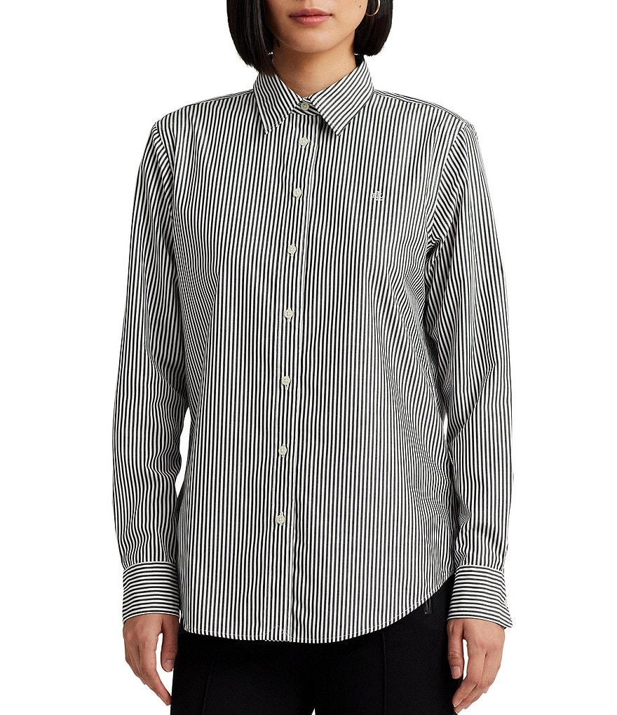 Lauren Ralph Lauren Easy Care Striped Print Point Collar Shirttail Hem ...