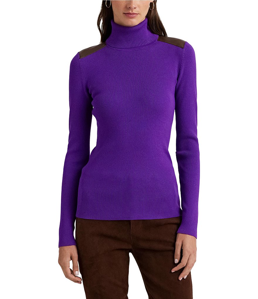 Lauren Ralph Lauren Faux Leather Trim Ribbed Turtle Neck Long Sleeve Sweater