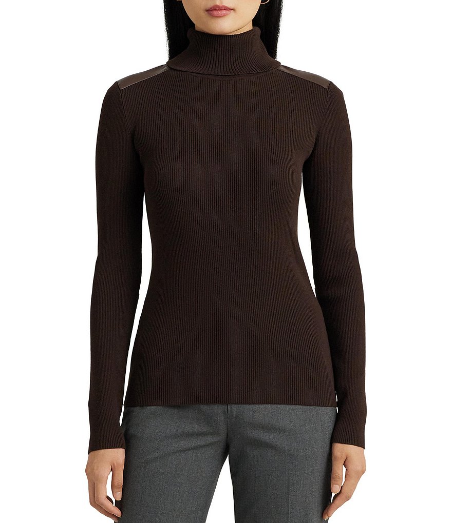 Lauren Ralph Lauren Faux Leather Trim Ribbed Turtle Neck Long Sleeve Sweater