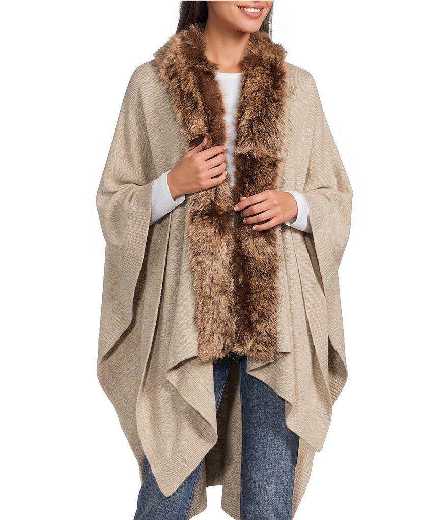 Lauren Ralph Lauren Toscana Faux Fur Trimmed Wool Knit Ruana